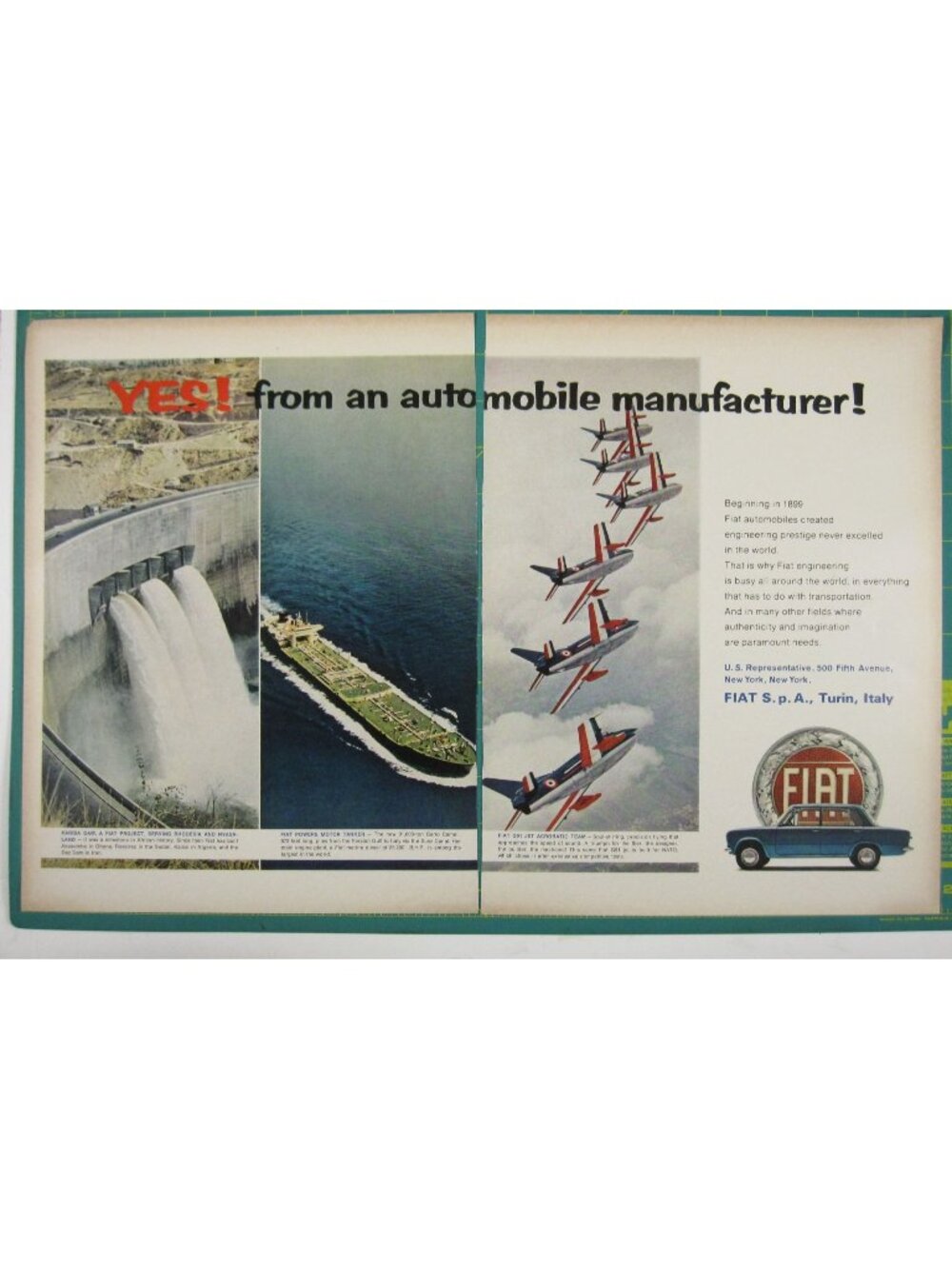 Print Ad Fiat Automobiles Engineering Kariba Dam G91 Jet 2 PG Vintage 1960s